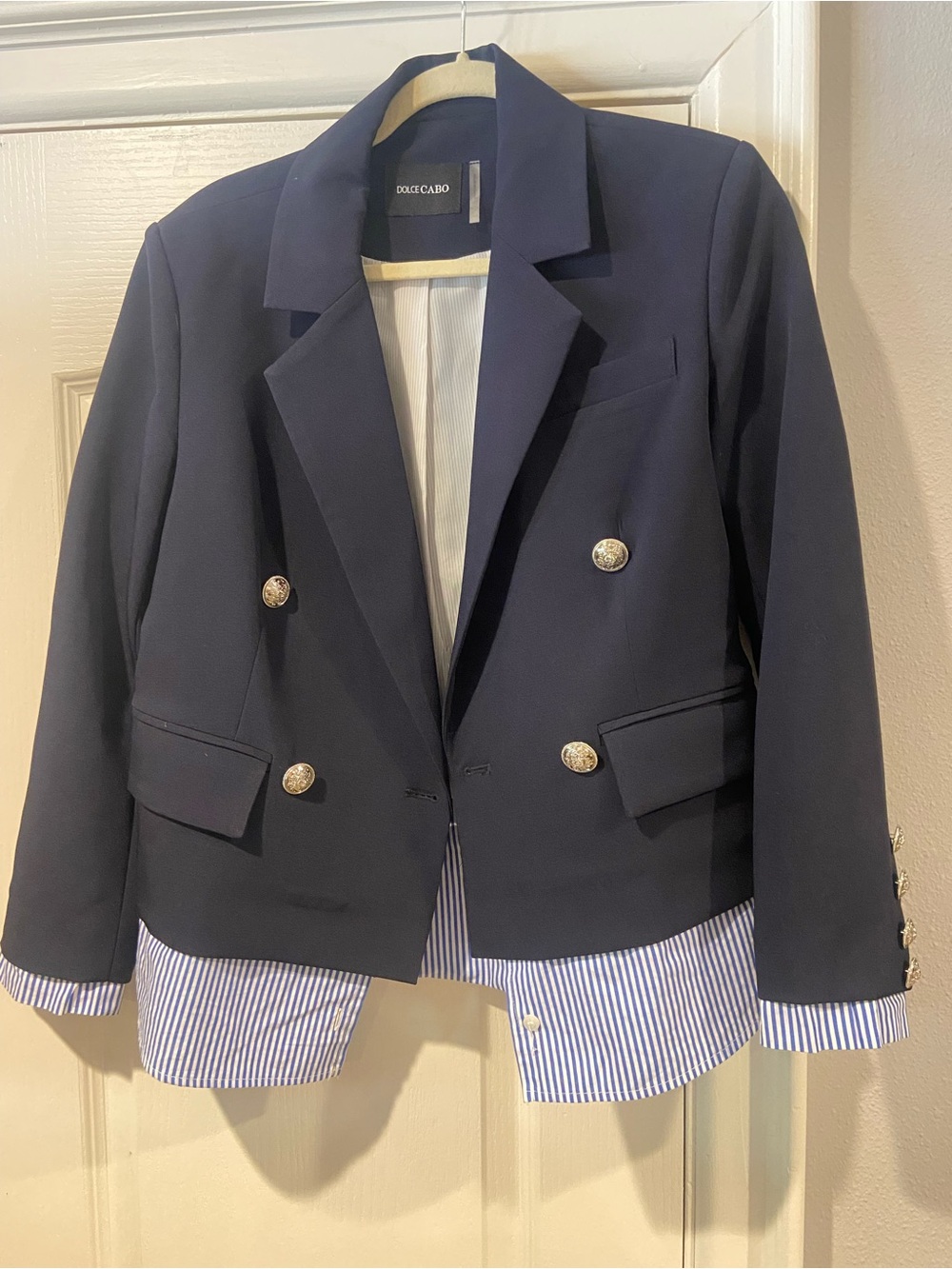 Dolce Cabo Navy Double-Breasted Blazer with Striped Hem Detail